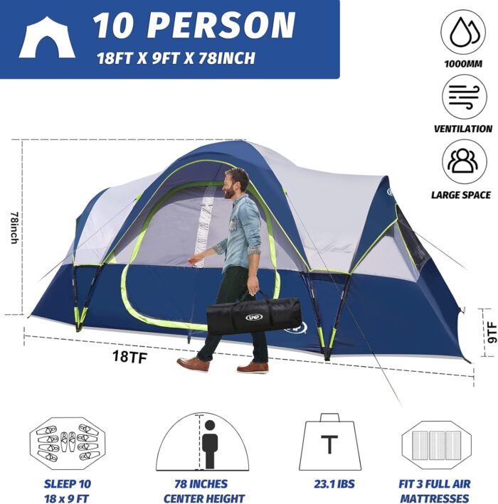 UNP Camping Tent 10-Person-Family Tents, Parties, Music Festival Tent, Big, Easy Up, 5 Large Mesh Windows, Double Layer, 2 Room, Waterproof, Weather Resistant, 18ft x 9ft x78in - Image 3