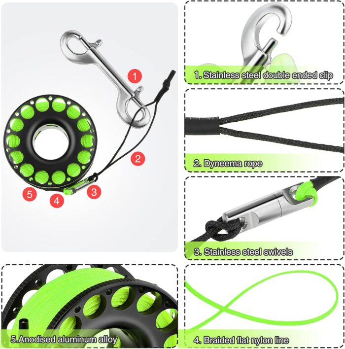 Scuba Diving Reel, Aluminum Alloy Wreck Cave Finger Spool with 30m/100ft High Visibility Line and Double-Ended Bolt Snap Clip Fits for Outdoor Diving Activities Fluorescent Green - Image 6