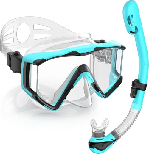 Greatever Snorkel Set Pano 3 Window Snorkel Mask Adult, Panoramic Wide View, Anti-Fog Scuba Diving Mask, Anti-Leak Snorkel Goggles Dry Top Snorkel, Professional Snorkeling Gear for Adults