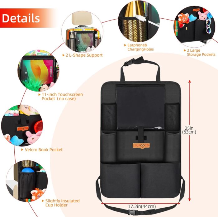 SURDOCA Upgraded Car Organizer with 11-inch Tablet Holder, 8 Pockets, Car Seat Protector for Road Trips - Car Storage and Organizers for Kids - Image 6