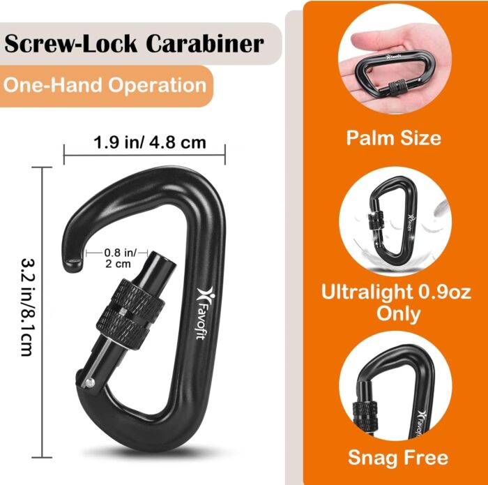 Heavy Duty Locking Carabiner Clips - Favofit 12KN (2697 lbs) Clips 3.2'' Small D Ring for Camping Hammock Hiking Dog Leashes Keys Keychains - Perfect for Outdoor Enthusiasts - Image 2