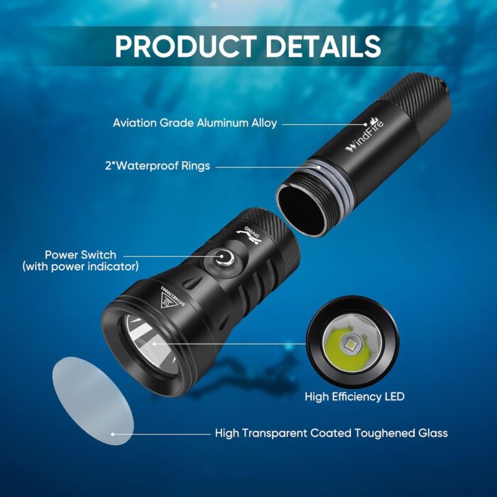 WINDFIRE High-Power Dive Lights Scuba Diving Flashlight – IPX8 Waterproof Underwater Flashlight with Power Indicator, 4 Modes, Ultra-Bright Dive Torch for Night Diving & Ocean Exploration - Image 2