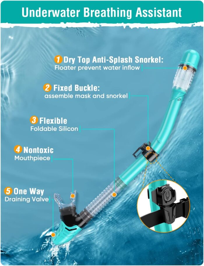 Snorkel Set Adults Snorkeling Gear Anti-Fog Panoramic View Swim Mask Dry Top Snorkel Kit with Carry Bag for Snorkeling Scuba Diving Swimming Travel - Image 4