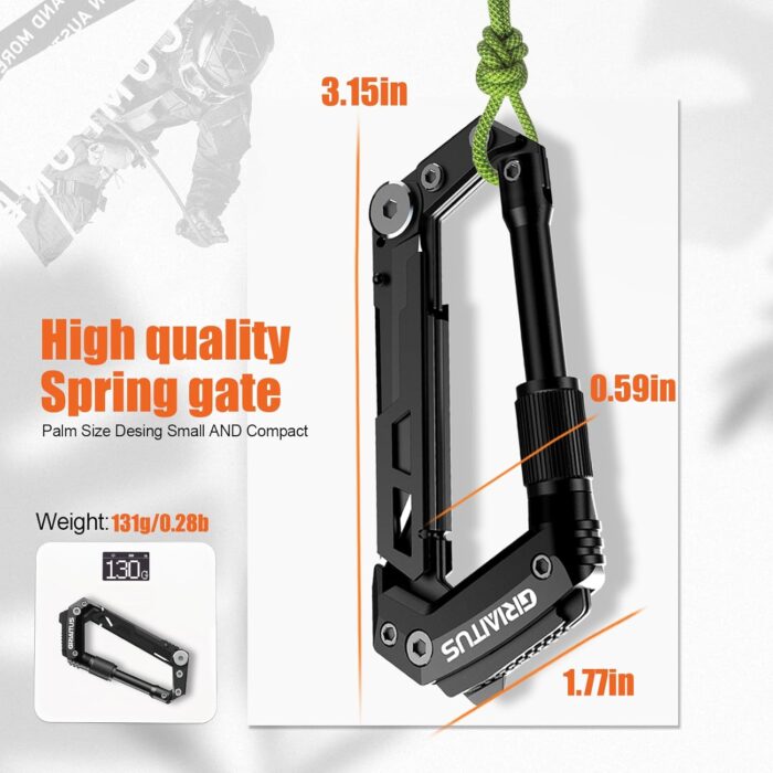 Carabiner Multitool 8-in-1 EDC Carabiners Pocket Knife, Serrated Knife, Rope Cutter, Screwdriver, Can Bottle Opener, Ruler, Survival Gear for Camping Climbing, Christmas Gifts for Men Women (Black) - Image 3