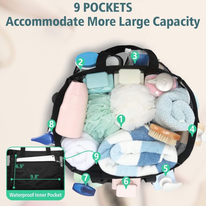 F-color Mesh Shower Caddy Portable, 8.3" Deeper Pockets Large Shower Caddy Bathroom Caddy for College Dorm Room Bathroom Essentials, 2 Handles Shower Bag Tote for Gym Rv, Camp with S Hook, Black - Image 4