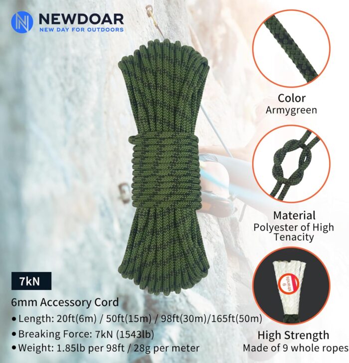 NewDoar Static Climbing Rope 6mm Accessory Cord Rope,for Arborist Tree, Mountaineering, Sailboat Rope,Dock Lines,Hauling Dragginge - Image 2
