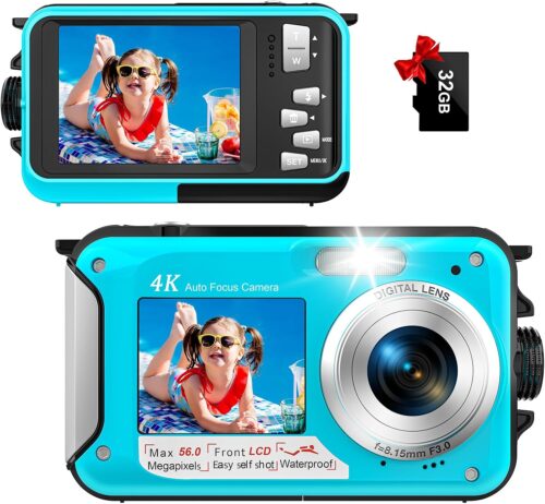 4K Underwater Camera 56MP Autofocus 11FT Waterproof Camera Dual-Screen Selfie 16X Underwater Camera for Snorkeling Waterproof Compact Floatable Digital Camera with 32GB Card