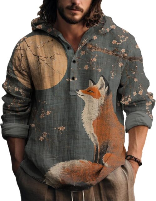 MARSVOVO Mens Japanese Art Long Sleeve Hooded Shirts Lightweight Quarter Button Hoodie Casual Cool Tops for Spring Fall