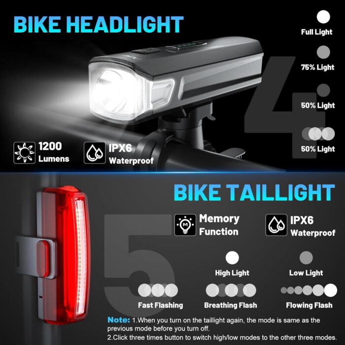 Bike Lights for Night Riding, 1200 Lumen Bicycle Front Headlight and Back Taillight with 4+5 Light Modes, USB Rechargeable Bright Bike Headlights for Cyclists and Commuters - Image 4