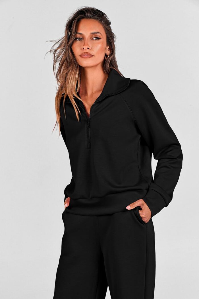 PRETTYGARDEN Women's 2 Piece Outfits Casual Lapel Half Zip Sweatshirts And Wide Leg Pants Tracksuit Sets - Image 3