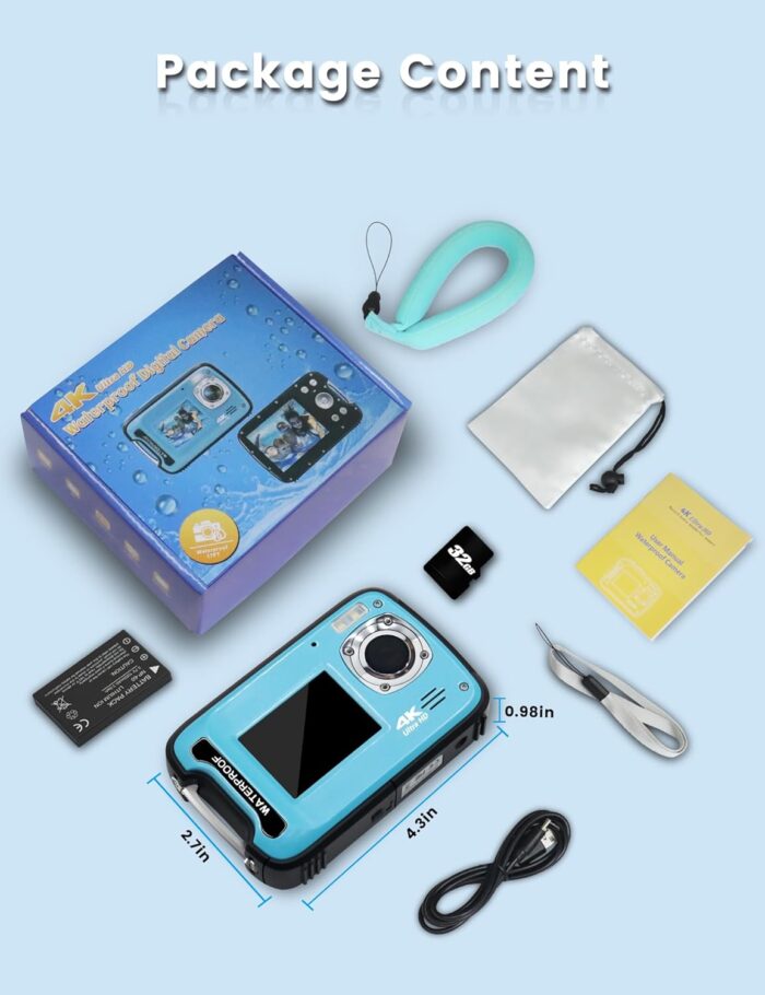 Underwater Camera 4K 48MP Autofocus Selfie Dual Screen Waterproof Camera with Floating Strap and 32GB Card, 17FT Compact Waterproof Digital Camera, Fill Light Underwater Camera for Snorkeling - Image 7