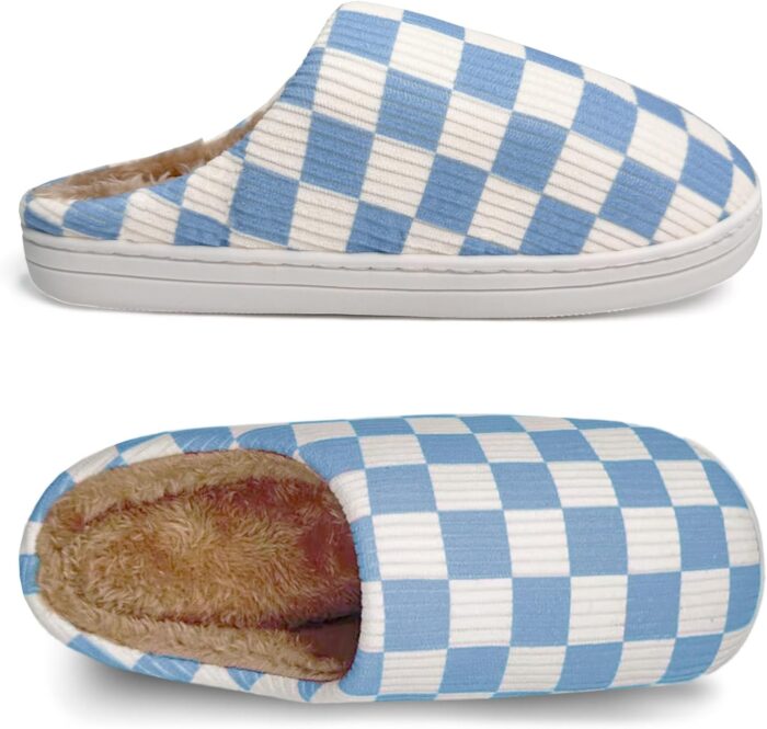Checkered Memory Foam Slippers - Women's & Men's Soft Warm Bedroom House Slippers with Faux Fur Lining - Indoor/Outdoor - Pink, White, Black - Size 8/9 - Image 3