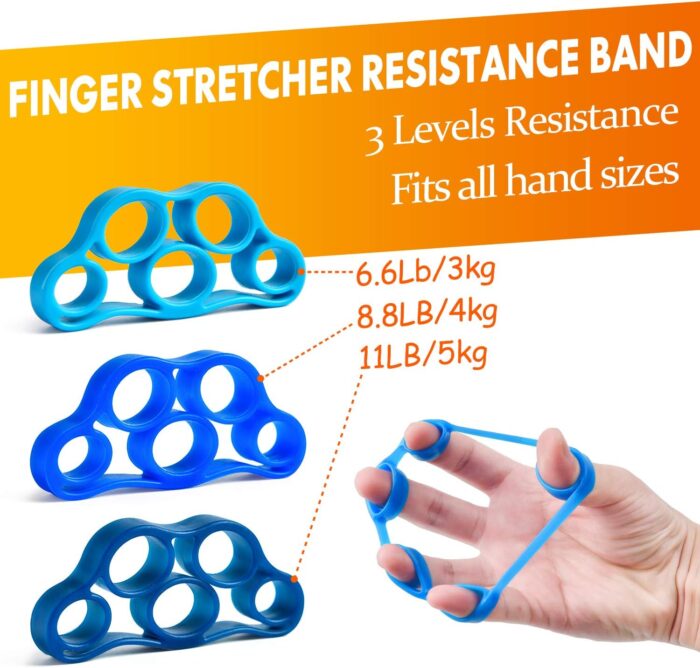 Grip Strength Trainer 7 Pack Adjustable, Finger Stretcher Resistance Extensor Bands, Finger Exerciser, Hand Gripper Strength Ring & Stress Ball - Image 4