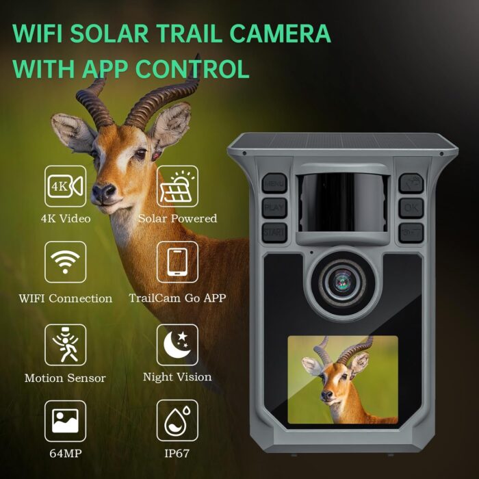Trail Camera 4K 64MP WiFi Solar Game Camera, 5000mAh Forever Power, 64GB Memory Card and Ip67 Waterproof Night Vision Trail Cam for Outdoor Wildlife Detection, Monitoring Trail Cameras - Image 3