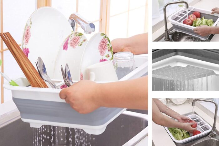 camper must haves dish drying rack Collapsible Dish Drying Rack Portable Dinnerware Drainer Organizer for Kitchen RV Campers Travel Trailers Space Saving Kitchen Storage Rack Tray (with Drainboard) - Image 3