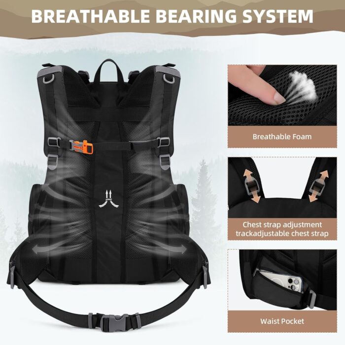 Maelstrom Hiking Backpack, 40L Waterproof Camping Daypack for Men and Women, Lightweight Travel Pack with Rain Cover-Black - Image 5
