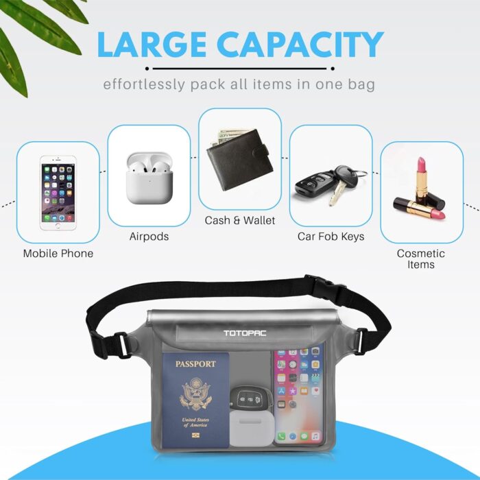 2-Pack Waterproof Fanny Pack, Phone Pouch with Waist Strap, 9x6.7 Inch Dry Bag for Phone, Cash, and Valuables – for Swimming, Kayaking, Boating, Snorkeling, and Water Sports (2, Grey + Blue) - Image 2