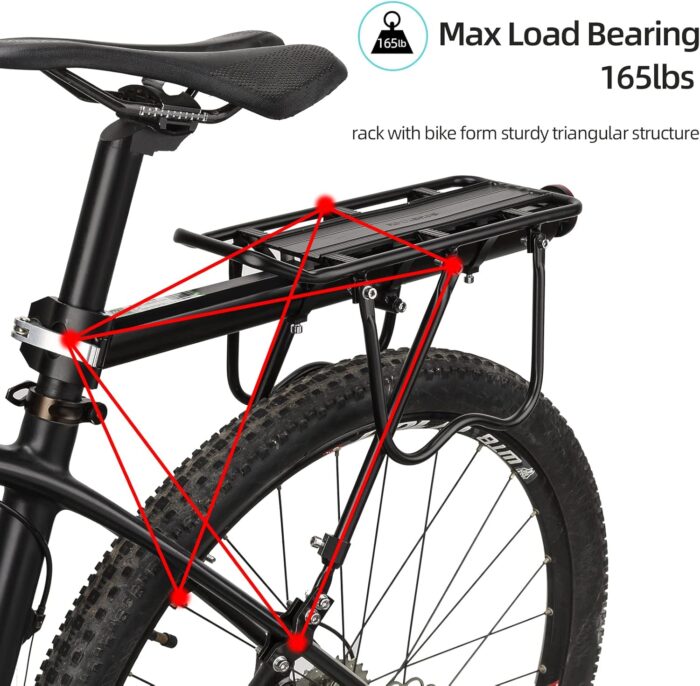 ROCKBROS Rear Bike Rack Bike Cargo Rack Adjustable Bicycle Luggage Carrier Rack Rear Quick Release Mountain Bike Pannier Rack with Elastic Band and Reflector, Most 165 lbs Capacity - Image 2