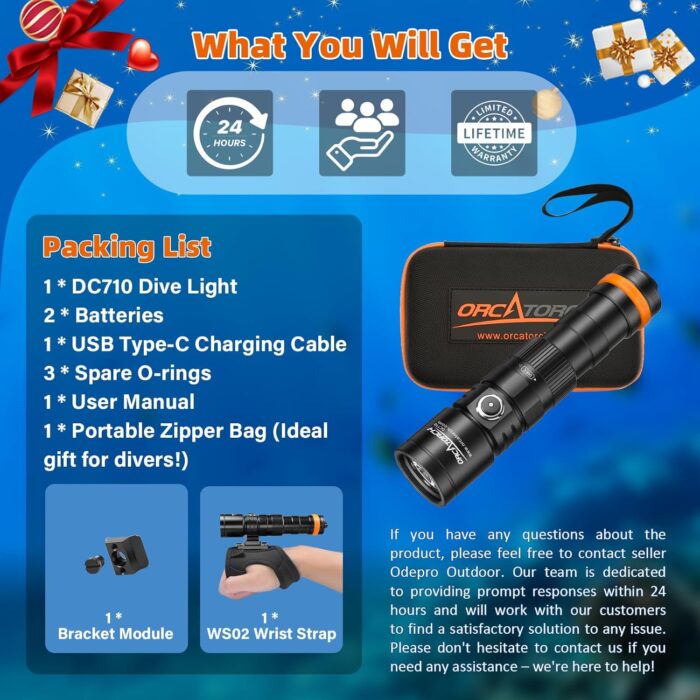 ORCATORCH DC710 Scuba Dive Light Type C Rechargeable, 3000 Lumens Super Bright Underwater Flashlight, IP68 Waterproof Submersible Torch with WS02 Wrist Strap Mount for Hands-Free Diving - Image 7