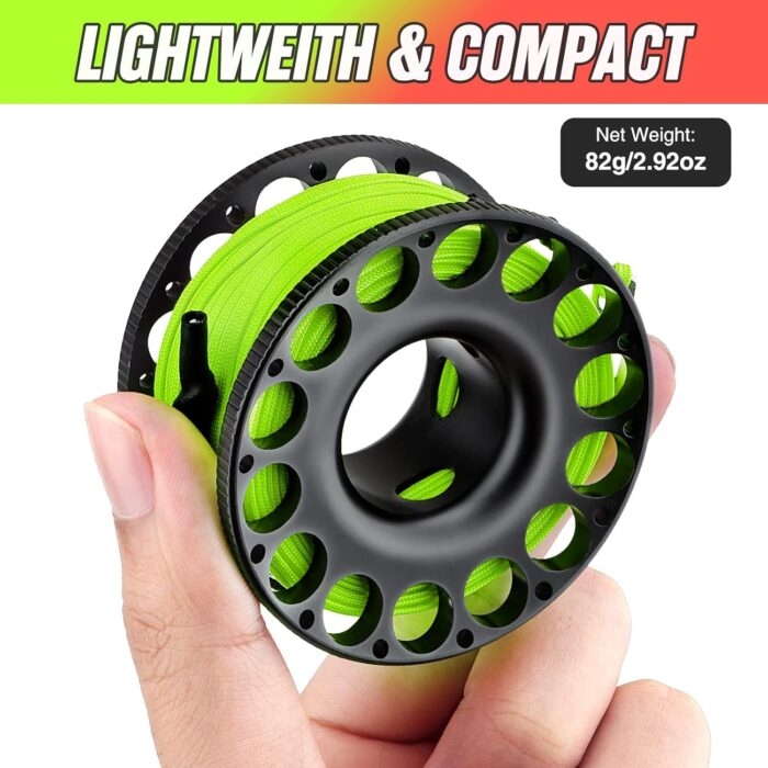 Scuba Diving Reel, Aluminum Alloy Wreck Cave Finger Spool with 30m/100ft High Visibility Line and Double-Ended Bolt Snap Clip Fits for Outdoor Diving Activities Fluorescent Green - Image 5