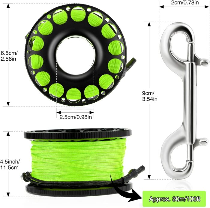 Scuba Diving Reel, Aluminum Alloy Wreck Cave Finger Spool with 30m/100ft High Visibility Line and Double-Ended Bolt Snap Clip Fits for Outdoor Diving Activities Fluorescent Green - Image 7
