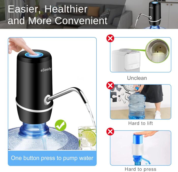 Water Pump for 5 Gallon Bottle, USB Charging Automatic Water Dispenser with Rechargeable Battery, Portable Electric Drinking Water Jug Pump for Home, Kitchen, Living Room, Office, Camping - Black - Image 4