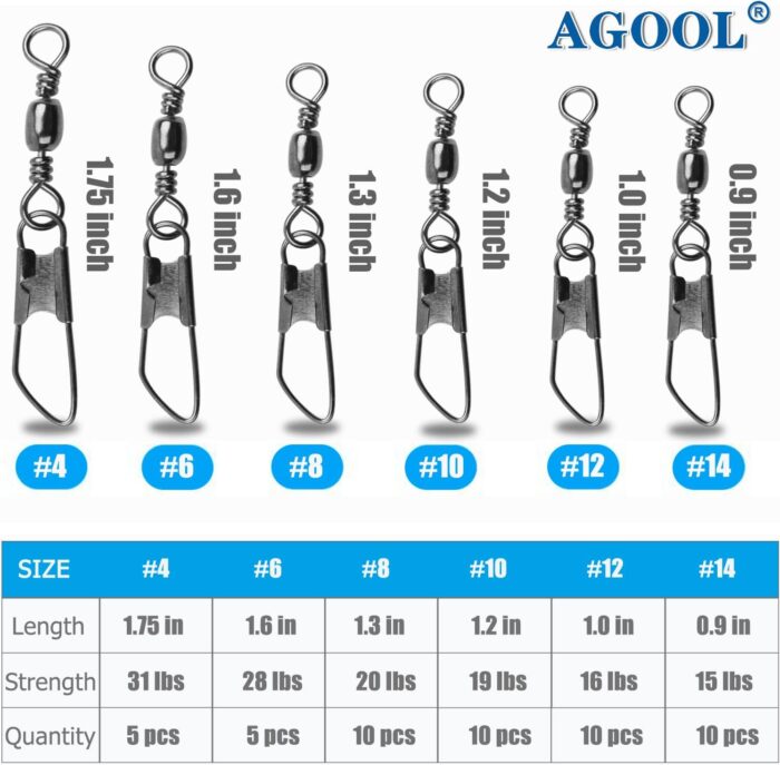 AGOOL Barrel Swivel Snap Kit - 50pcs Barrel Swivels with Safety Snaps High Strength Fishing Quick Connect Snap Swivels with Solid Ring Fishing Tackle Accessories Box Kit Size 4#,6#,8#,10#,12#,14# - Image 3