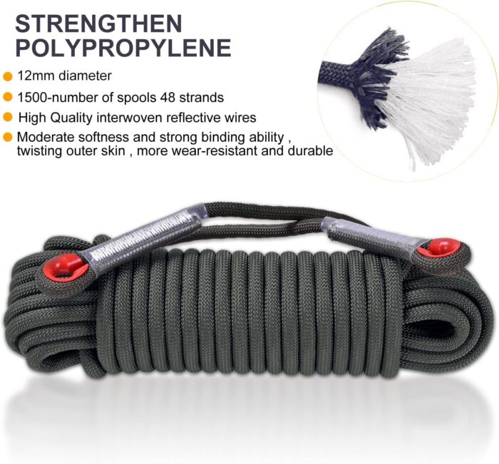 Climbing Rope, 12 mm Static Climbing Rope, 32FT(10M) 65FT(20M) 100FT(30M) 164FT(50M) Outdoor Rock Climbing Rope, Escape Rope, Rappelling Rope, Fire Rescue Parachute Rope - Image 2