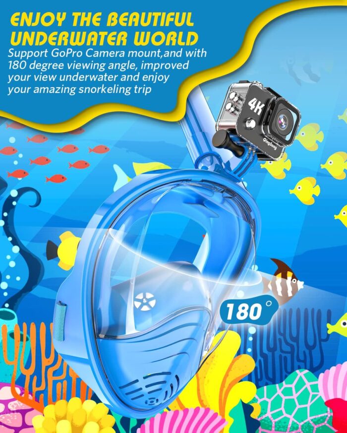 QingSong Kids Snorkel Mask Full Face, Snorkeling Set with Camera Mount, Foldable 180 Degree Panoramic View Snorkeling Gear Anti-Fog Anti-Leak - Image 4