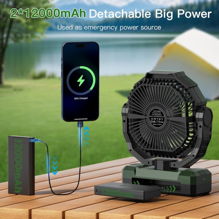 FRIZCOL 3-in-1 Camping Fan - Portable Fans Rechargeable - 24000mAh Battery Powered Fan(140Hrs) with Light & Remote for Indoor, Outdoor, Tent, Travel, BBQ, Fishing, Jobsite - Green - Image 2
