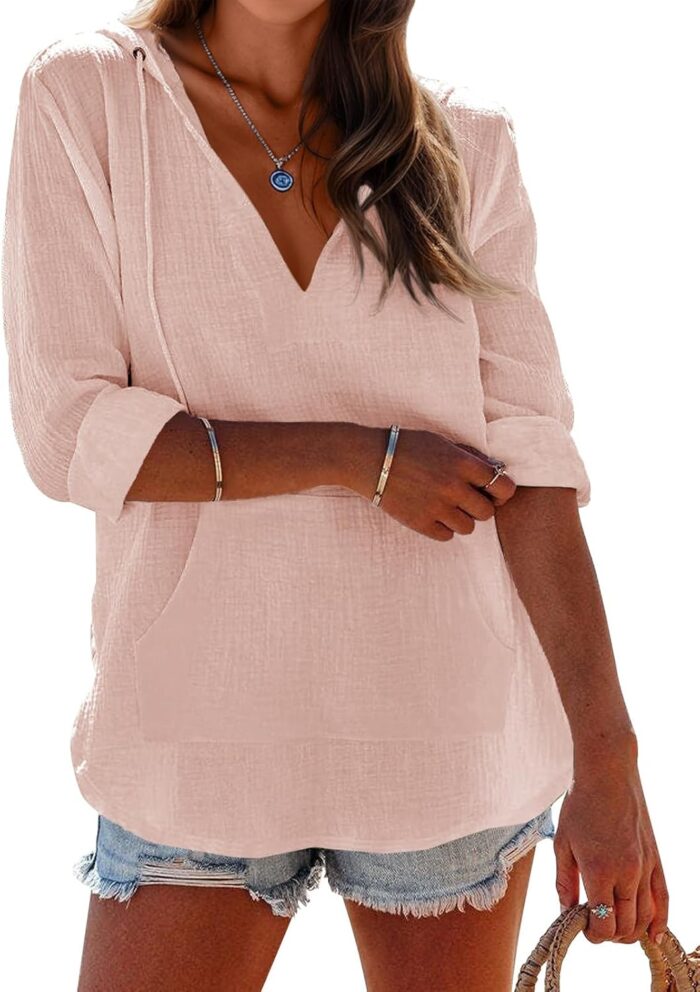 Ebifin Women's Beach Cover Up hoodies sweatshirt Long Sleeve V Neck Pocketed Hooded Shirt Top - Image 2