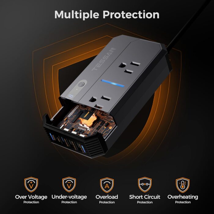 200W Car Power Inverter, TESSAN 12V DC to 110V AC Converter with 2 AC Outlets and 4 USB Ports, PD/QC 3.0 Fast Charging, Car-Essentials for Camping, Road Trip, Gray - Image 5