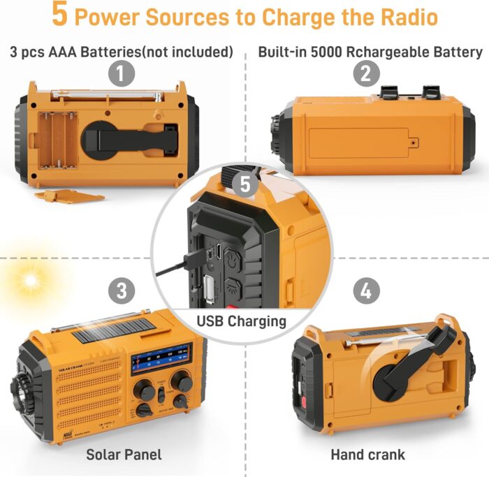 Emergency Radio with NOAA Weather Alert, Portable Solar Hand Crank AM/FM Radio for Survival,Rechargeable Battery Powered Radio,USB Charger,Flashlight,Reading Lamp,for Home Outdoor - Image 3