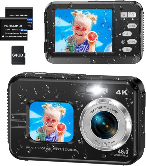 4K Underwater Camera with 64GB Card, 11FT Waterproof Camera Dual-Screen Selfie Underwater Cameras for Snorkeling 16X Digital Zoom Waterproof Digital Camera 2 Batteries (Blue)