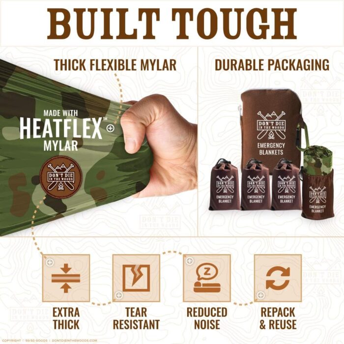World’s Toughest Emergency Blankets [4-Pack] Extra-Thick Thermal Mylar Foil Space Blanket | Waterproof Ultralight Outdoor Survival Gear For Hiking, Camping, Running, Emergency, First Aid Kits [Camo] - Image 4