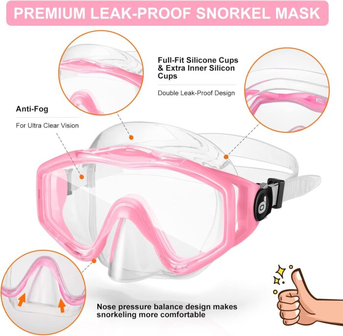 Odoland Snorkel Set, Adults Snorkeling Packages with Dry Top Diving Mask, Adjustable Swim Fins, Mesh Bag, Anti-Fog Anti-Leak Snorkeling Gear for Men Women - Image 3