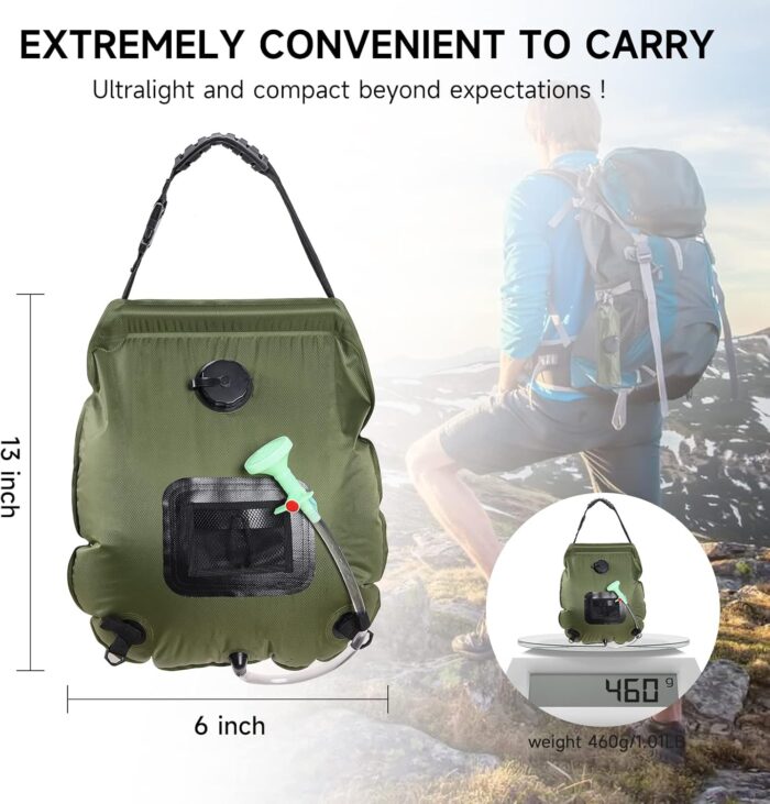 Unniweei Solar Portable Shower Bag, 5 Gal/20L Solar Heating Camping Shower Bag with Removable Hose&On-Off Switchable Shower Head, Compact Camping Shower for Camping, Hiking, Traveling, Beach Swimming - Image 3