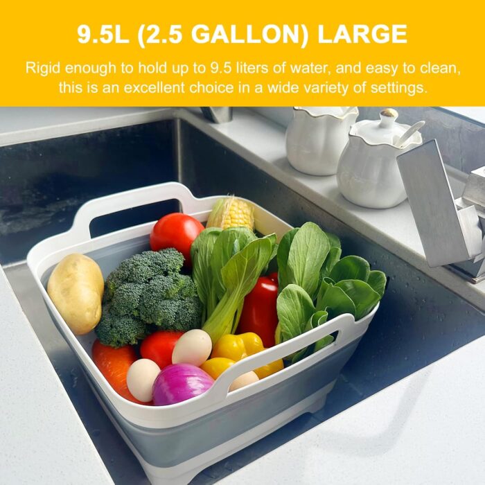 Collapsible Wash Basin with Drain Plug – 2.4 Gallon Portable Sink Tub for Baby Bottles, Dishwashing, RV & Camping | Space Saving Foldable Design | BPA-Free TPR/PP Material (Grey) - Image 6