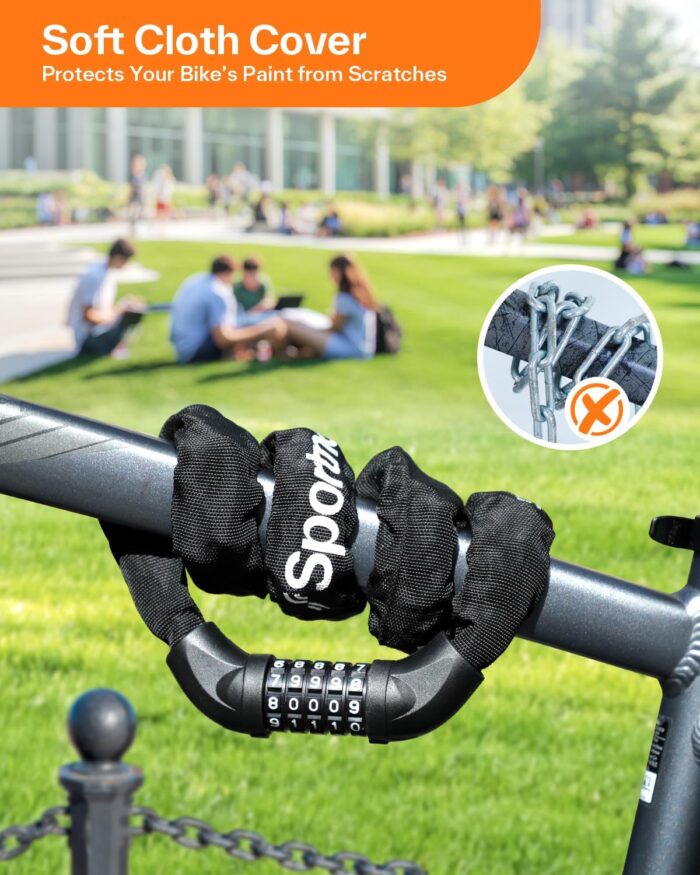 Sportneer Bike Lock: 5 Digit Combination High Security Anti Theft Bike Chain Lock - 3.2/3.6/4ft Heavy Duty Keyless Bicycle Lock for Bike, Motorcycle, Scooter, Door & Gate - 4/6mm Thick, Easy to Use - Image 7
