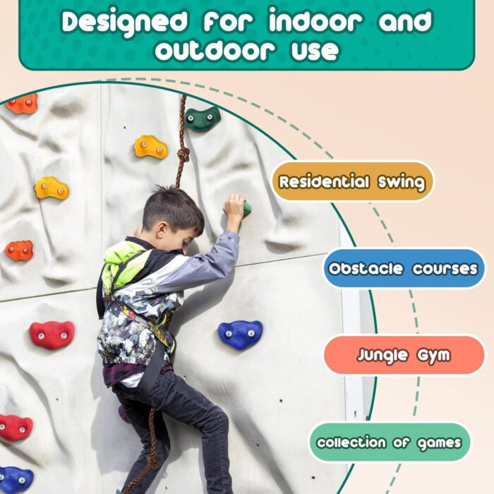 CMOOD Rock Climbing Holds, Rock Climbing Wall for Kids Rock Wall Climbing Kit for Indoor Outdoor Playground Play Set with Mounting Screws, Knotted Rope and 25 Handles - Image 4