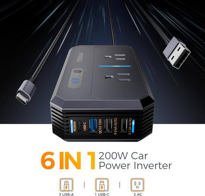 200W Car Power Inverter, TESSAN 12V DC to 110V AC Converter with 2 AC Outlets and 4 USB Ports, PD/QC 3.0 Fast Charging, Car-Essentials for Camping, Road Trip, Gray - Image 2