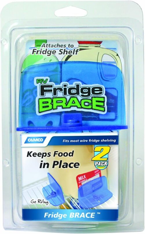 Camco RV Fridge Brace -Holds Food and Drinks in Place During Travel, Prevents Messy Spills Perfect for RVs, Boats, Camping and More - (2 Pack) (44033), Blue