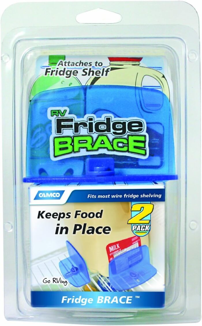 Camco RV Fridge Brace -Holds Food and Drinks in Place During Travel, Prevents Messy Spills Perfect for RVs, Boats, Camping and More - (2 Pack) (44033), Blue