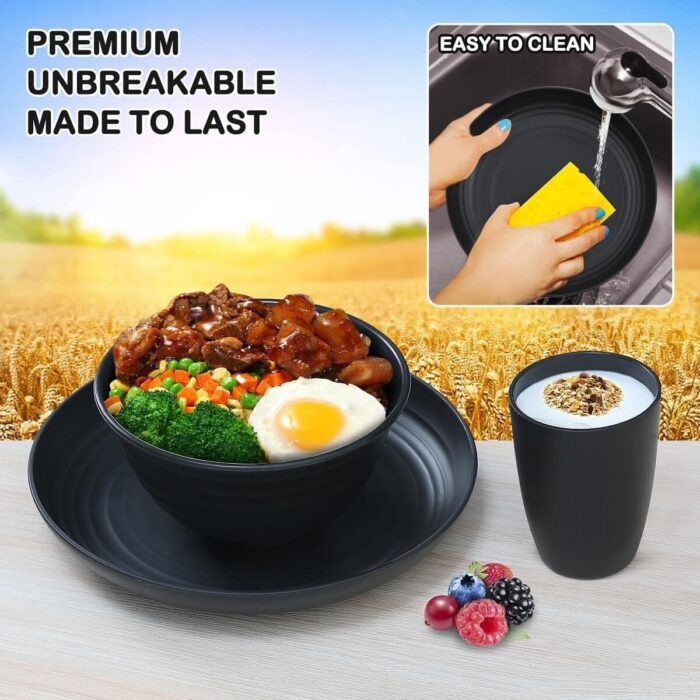 12pcs Plastic Wheat Straw Dinnerware Sets, Wheat Straw Plates and Bowls Sets for 4 College Dorm Room Essentials Microwave Dishwasher Safe (Black) - Image 4