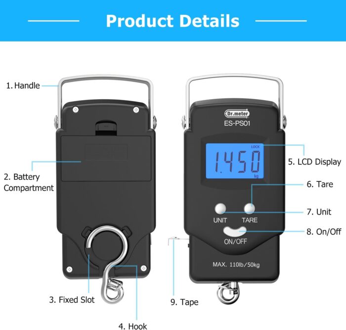 Dr.meter Fish Scale Luggage Scale - PS01 110lb/50kg Backlit LCD Display Digital Scale with Built-in Measuring Tape - Fishing Scale with 2 AAA Batteries, Pocket Size - Fishing Gifts for Men - Image 2
