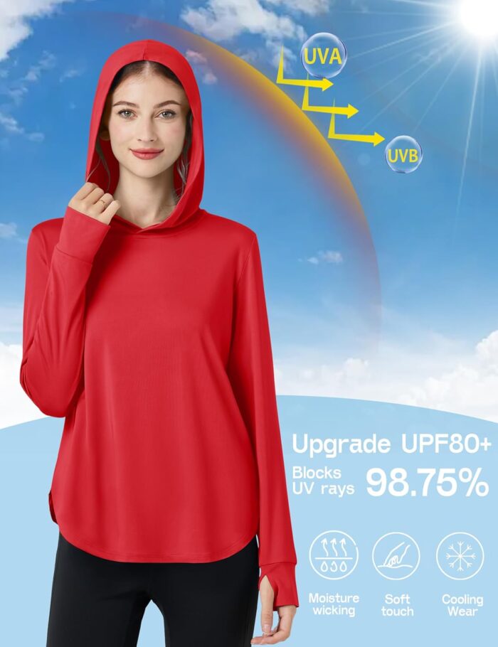 Womens Sun Protection Hoodies UPF 80+ UV Shirts Long Sleeve Lightweight Hiking Fishing Workout Tops - Image 2