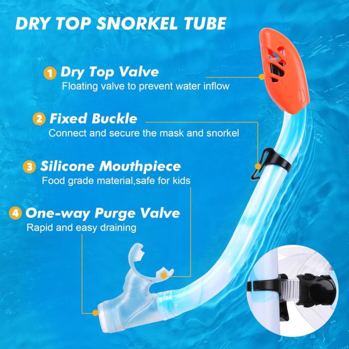 Kids Snorkel Set, Children Anti-Fog Diving Mask Swimming Goggles Dry Top Snorkel Equipment Snorkeling Packages Swimming Gear for Youth Boys Girls Age 5-10 - Image 3