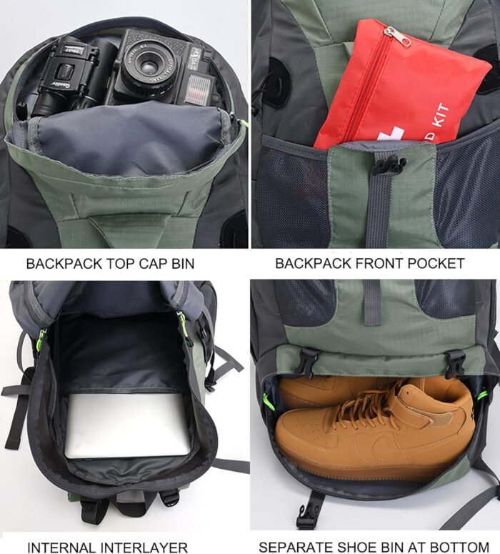 Bseash 50L Hiking Backpack, Water Resistant Lightweight Outdoor Sport Daypack Travel Bag for Camping Climbing Skiing Cycling (Gold - With Shoe Compartment) - Image 3