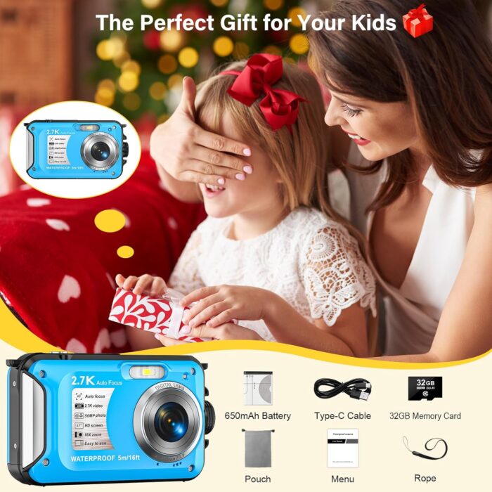 Underwater Camera 2.7K 56MP Waterproof Camera Autofocus with 32GB Card, 16FT Waterproof Digital Camera with 2.7" Screen for Kids, 16X Fill Light Portable Compact Digital Camera for Snorkeling,Blue - Image 7