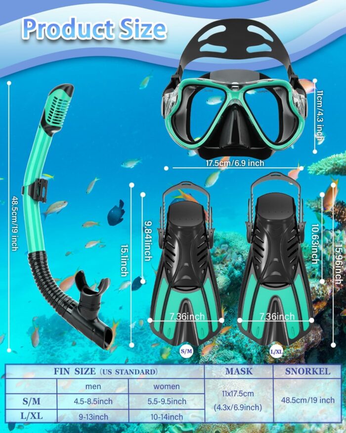 Snorkeling Gear for Adults, 4 in 1 Adult Snorkel Set with Panoramic View Snorkel Mask, Dry Top Snorkel, Adjustable Short Fins and Travel Bag, Snorkel Set with Fins for Snorkeling Diving - Image 6